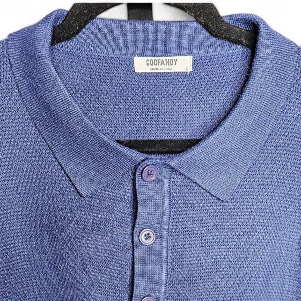 COOFANDY Polo Sweater Mens Large Blue Knit Long Sleeve Collared Shirt